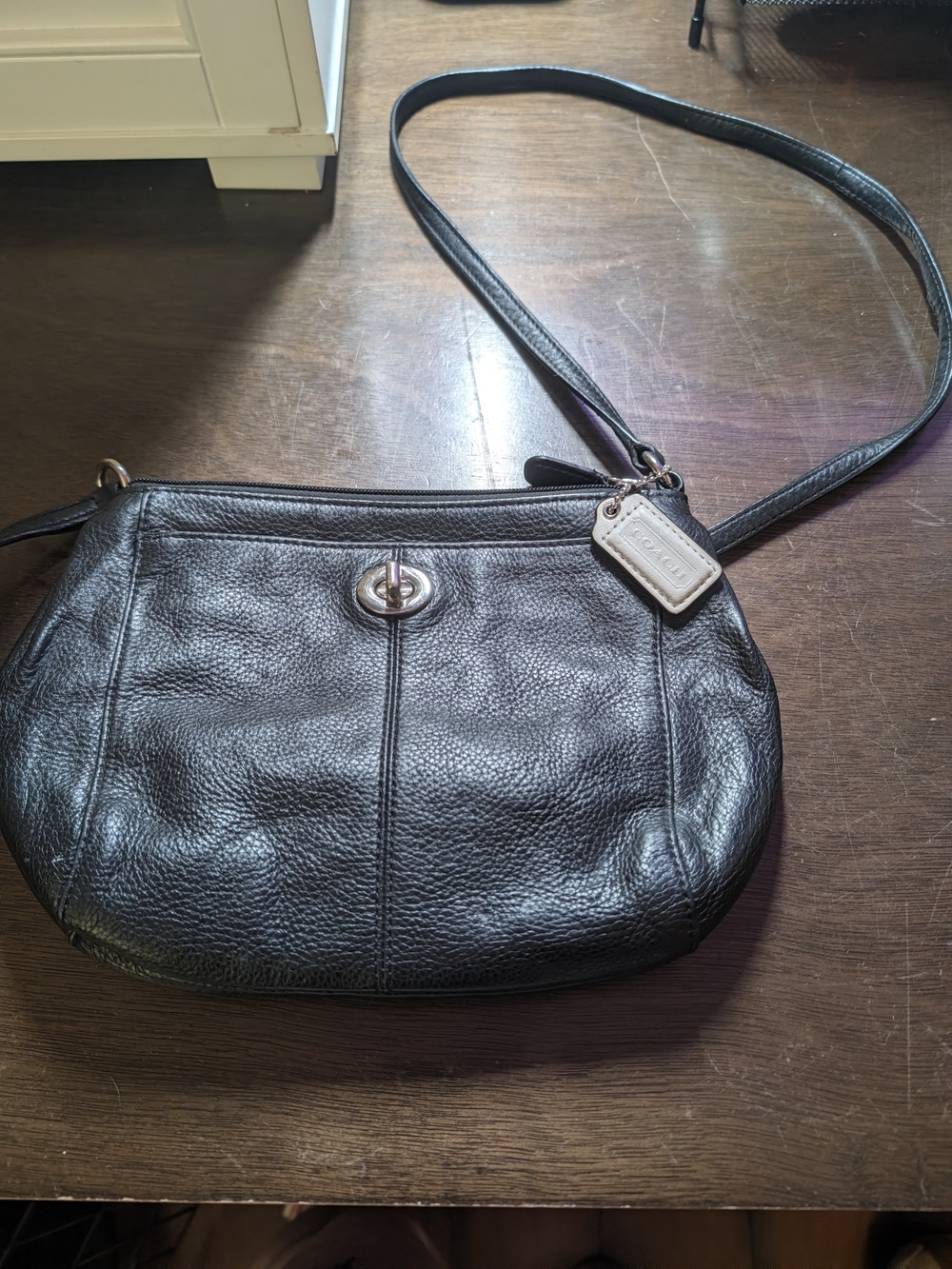 Coach Park Black Pebbled Leather Turnlock Swingpack Crossbody Bag